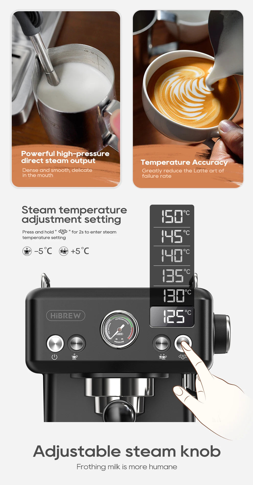 HiBREW black espresso machine featuring adjustable steam temperature settings, pressure gauge, and milk frothing wand.