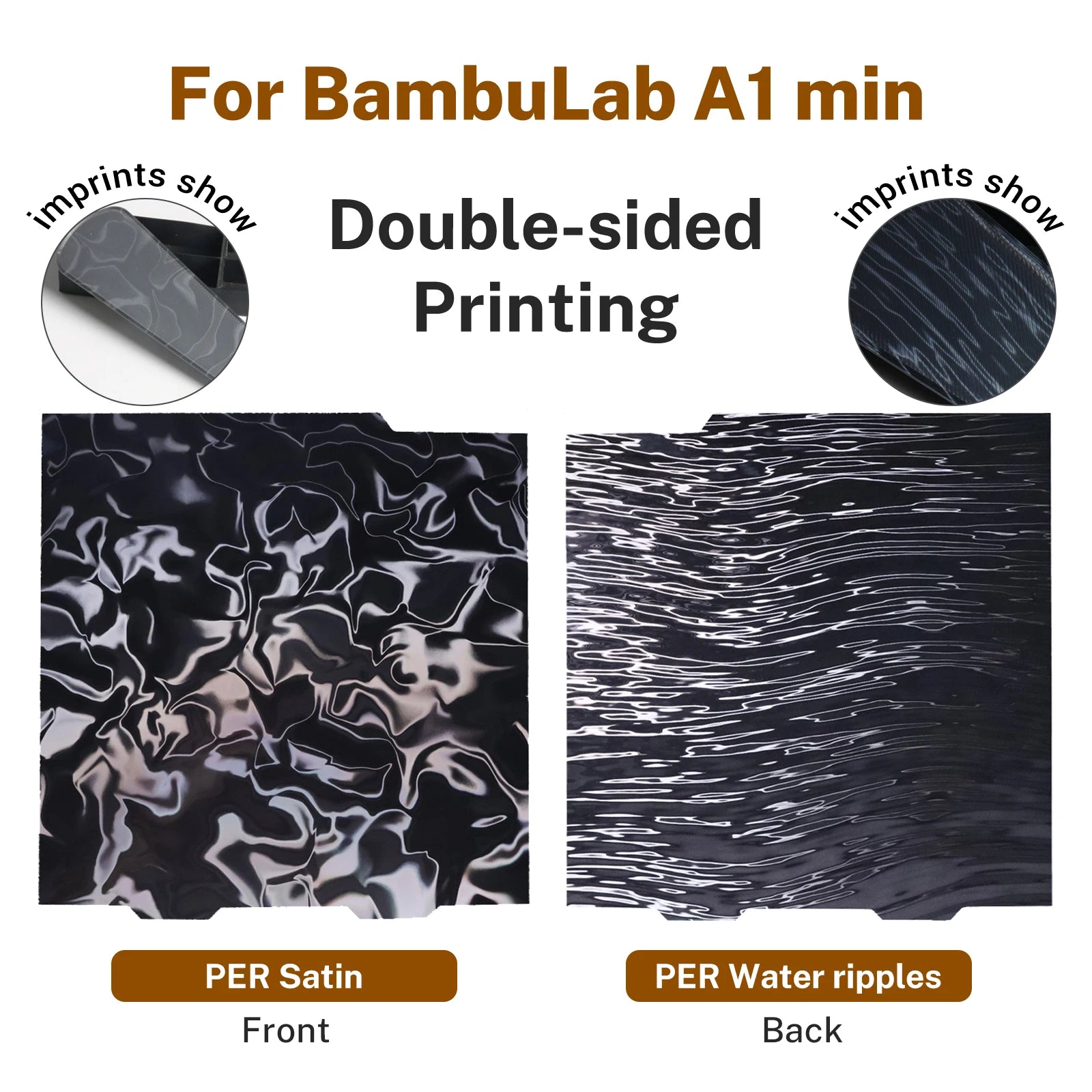 Double-sided 184x184mm PEI build plate for Bambu Lab A1 Mini with satin and water ripple patterns for unique prints.