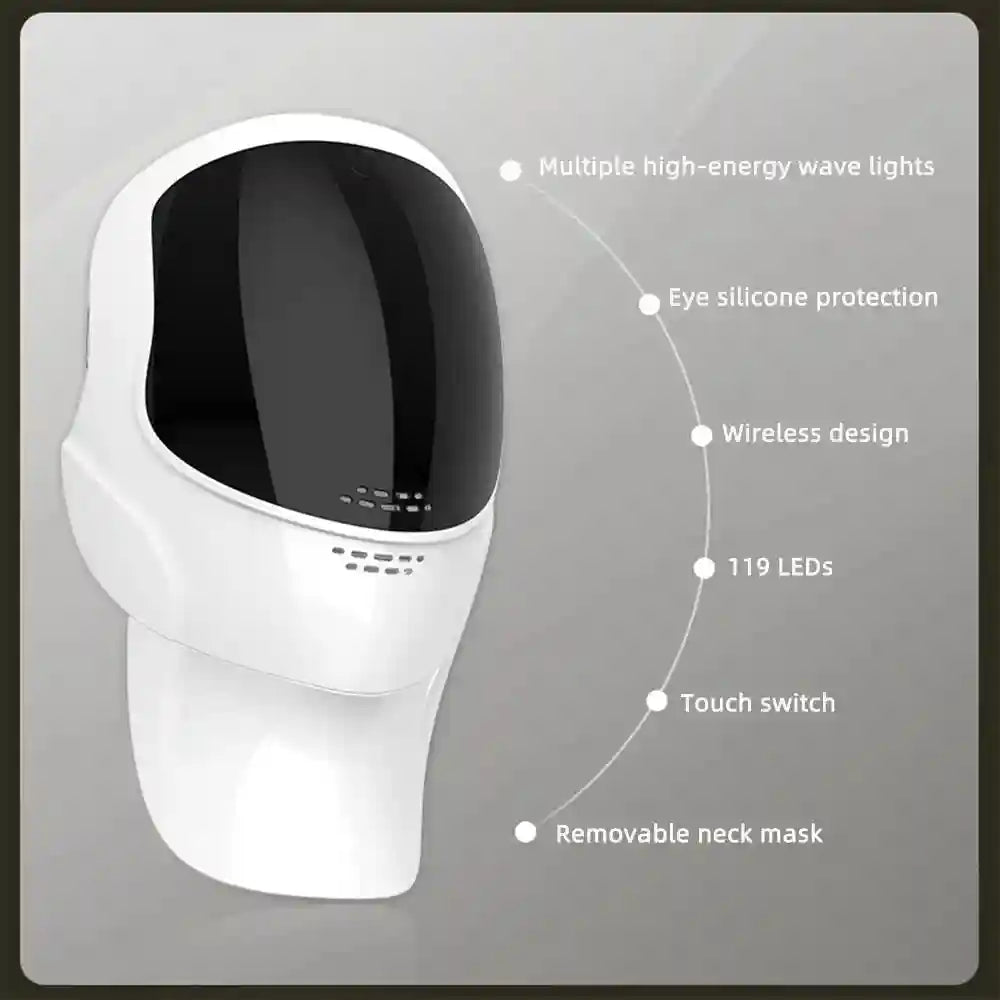 White and black wireless LED facial and neck rejuvenation mask with labels highlighting features like 119 LEDs.