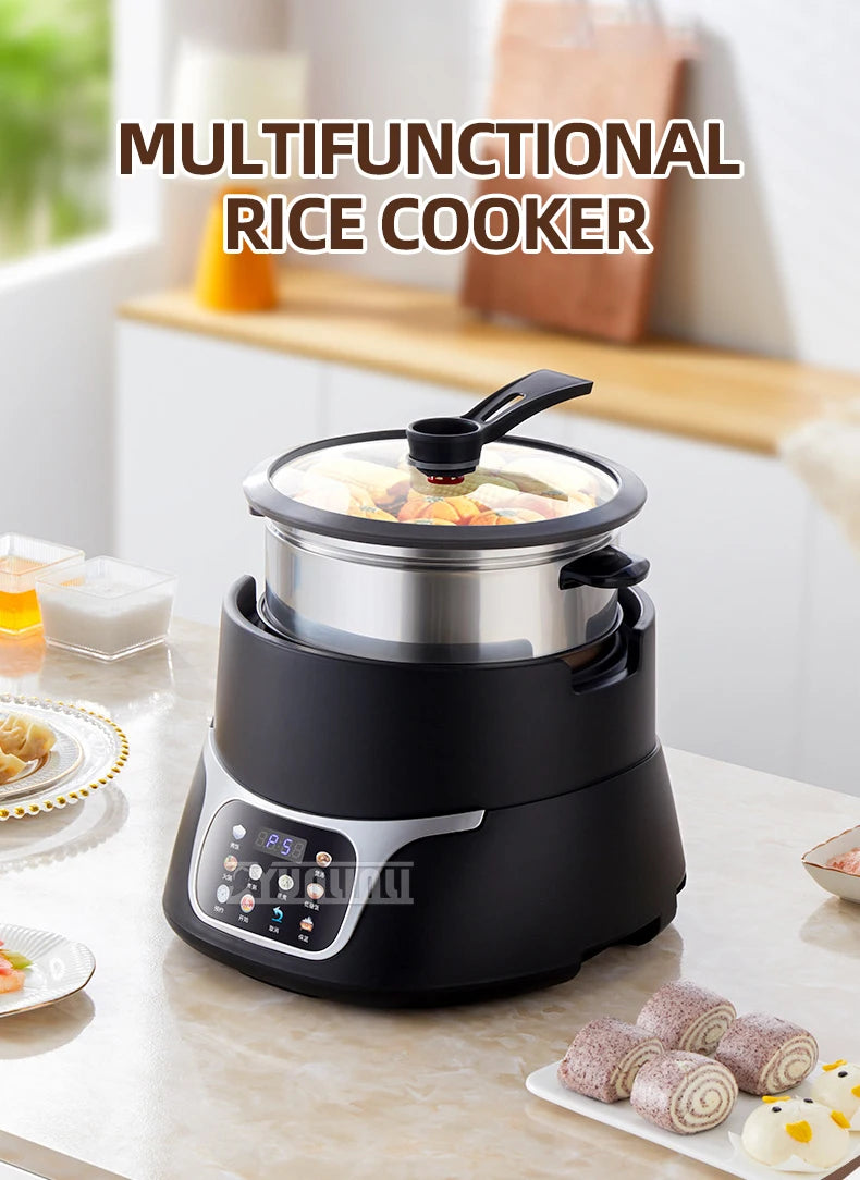 5L black electric rice cooker with stainless pot, glass lid, and side handle