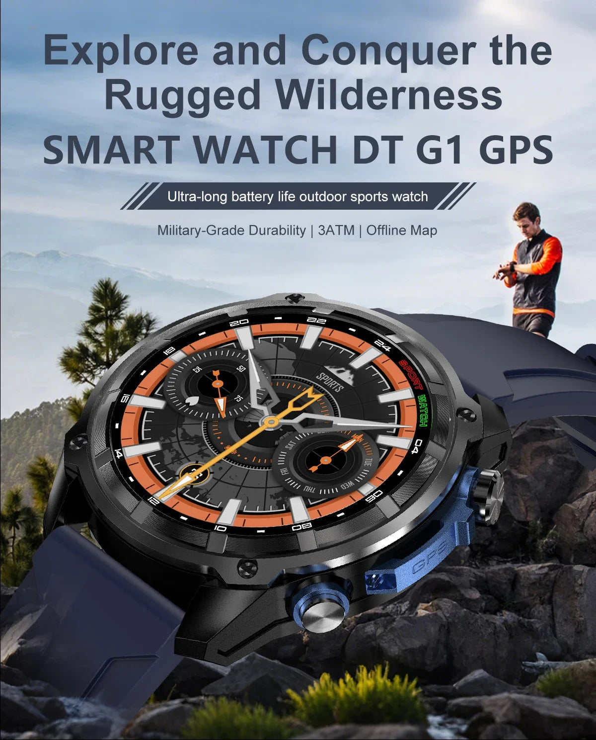2026 New Outdoor Adventure DT G1 Smart Watch GPS Offline Map 100+Sports Mode Fitness 3ATM Waterproof Bluetooth Call Smart Watch
