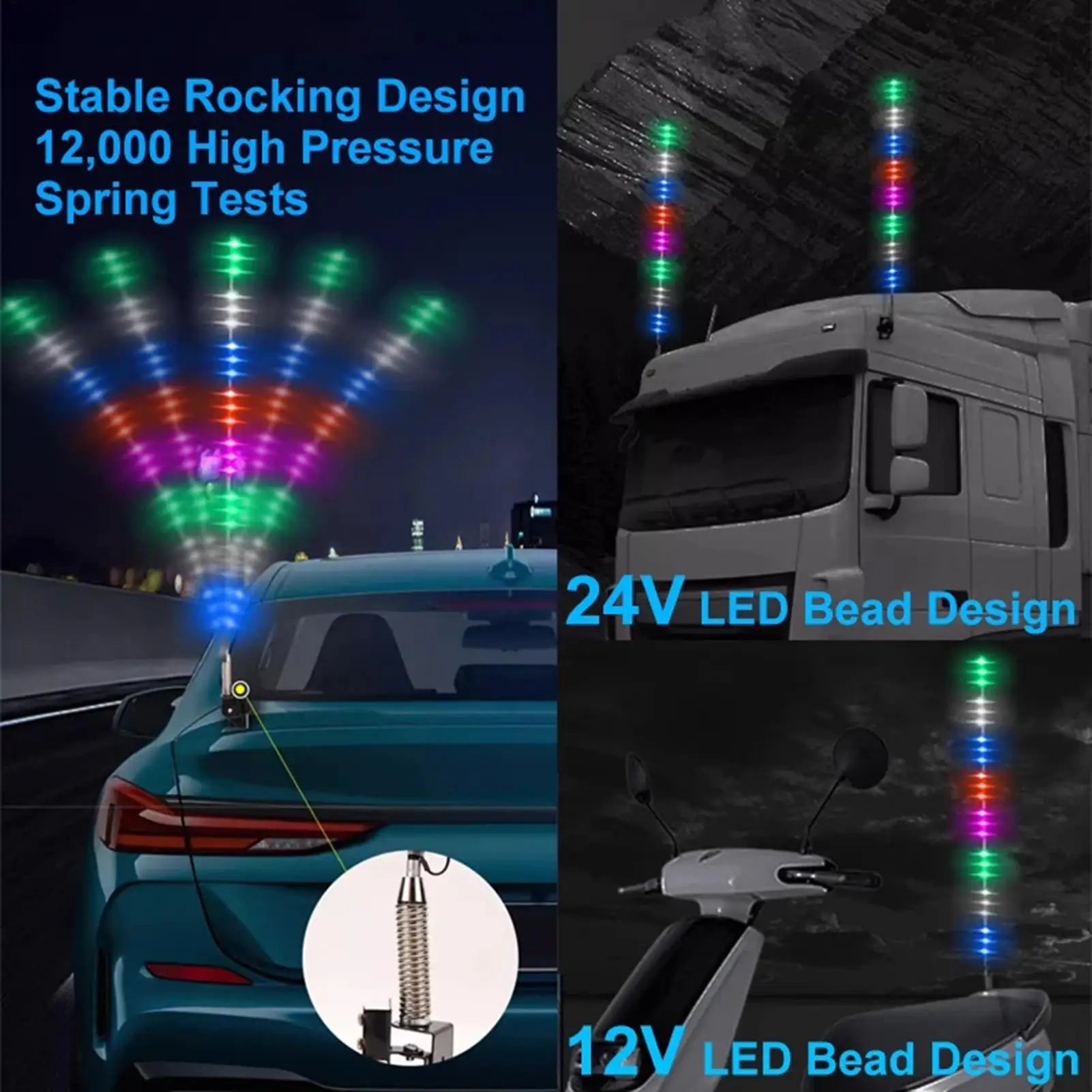 Multi-color LED whip light with flexible metal spring base for vehicle safety lighting on trucks and motorcycles.