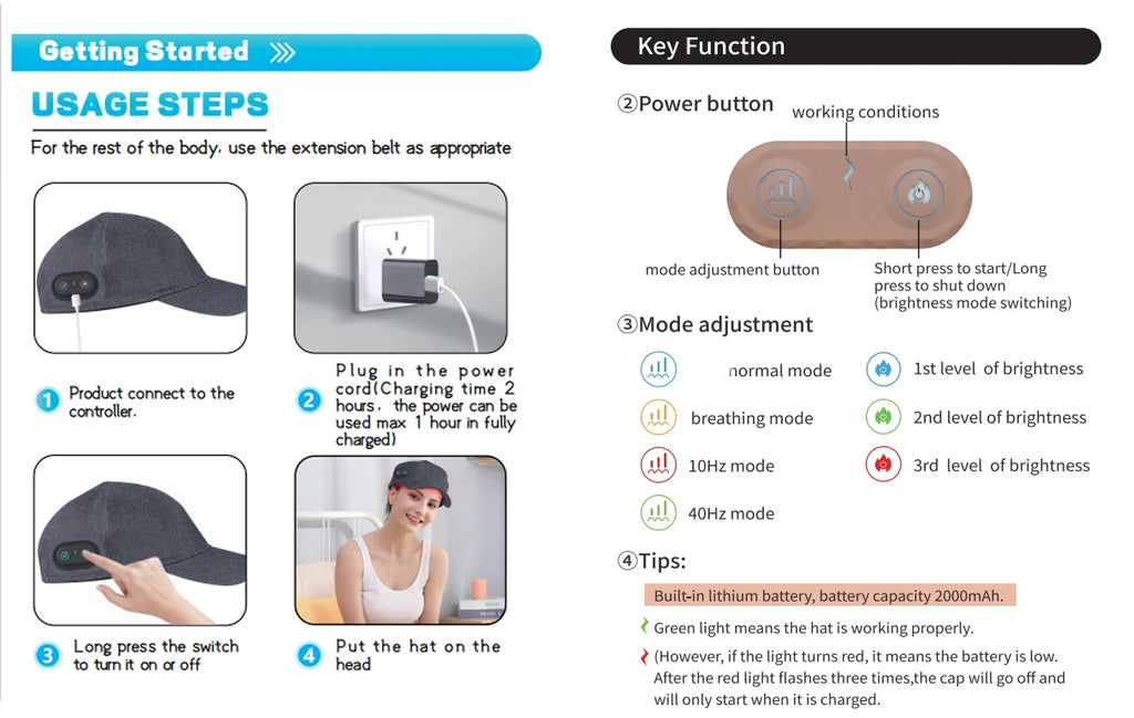 Usage guide for red light hair growth cap with adjustable LED modes, charging steps, and scalp therapy controller.
