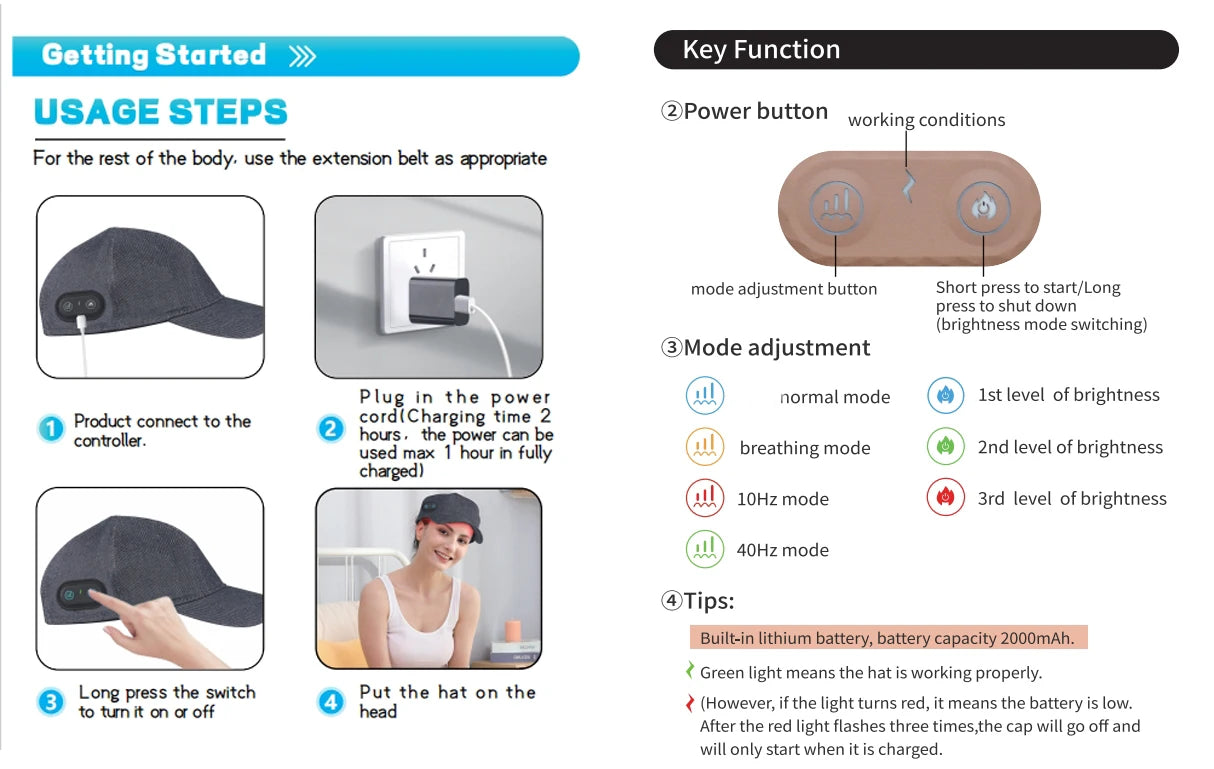 Usage guide for red light hair growth cap with adjustable LED modes, charging steps, and scalp therapy controller.