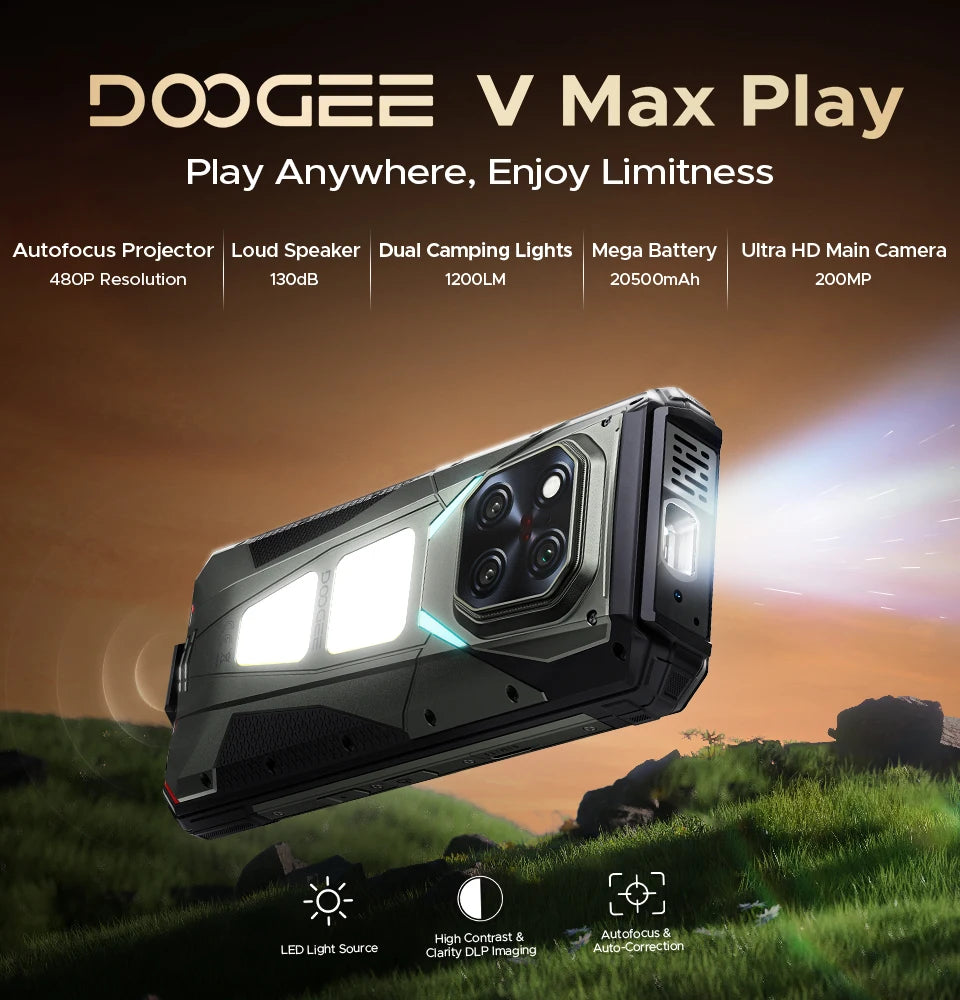 DOOGEE V Max Play 5G Projector Rugged Phone 6.78" 120Hz 20500mAh Dual Camping Lights16GB+512GB 200MP Main Camera NFC Smartphone