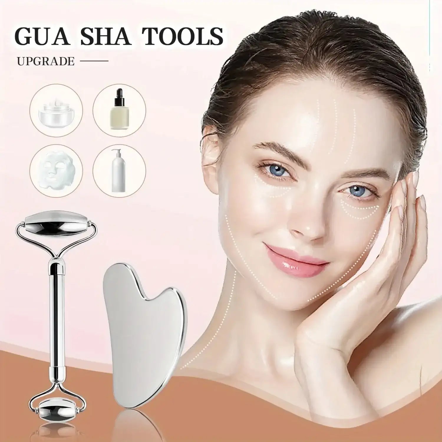 Stainless steel dual-head facial roller and heart-shaped gua sha tool beside a woman showcasing facial massage lines.