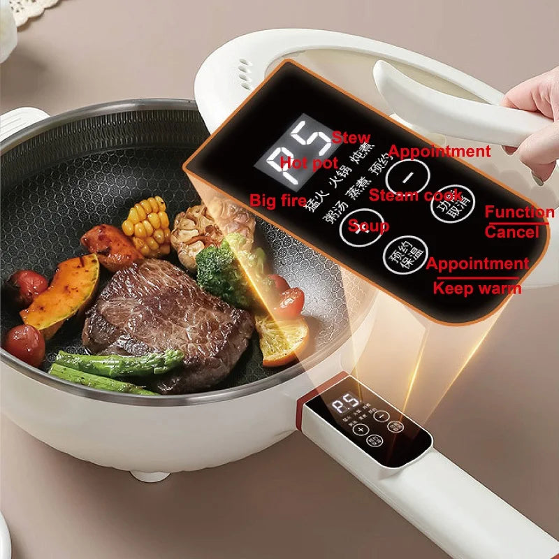 Multi-function electric cooking pot with control panel, cooking beef and vegetables in dark pan