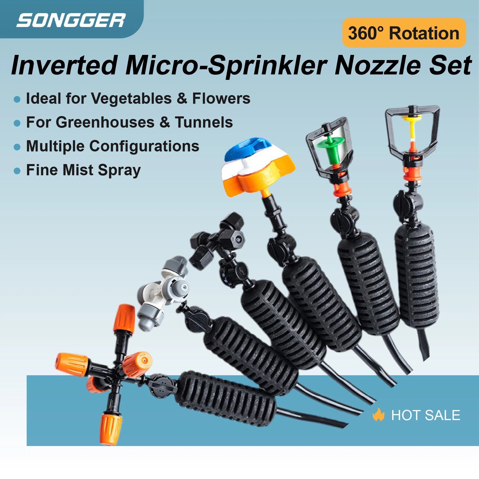 Hanging micro sprinkler nozzle set with black hoses and orange/green/red spray heads