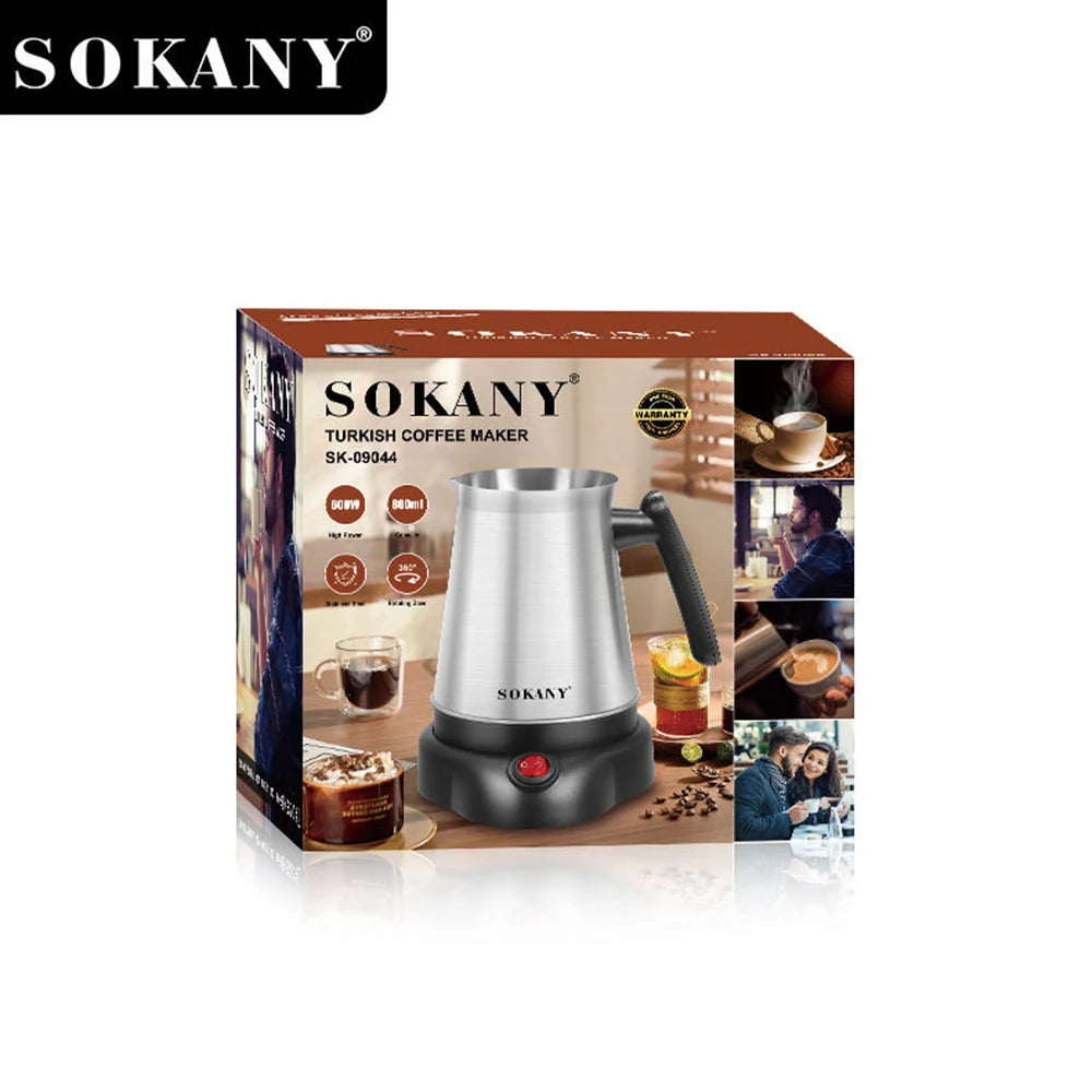 Sokany 800ml stainless steel Turkish coffee maker with black base, 600W power, and 360-degree rotating design.