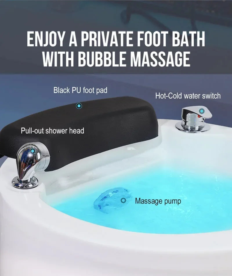 White hydro-massage foot bath with black PU foot pad and chrome pull-out shower head