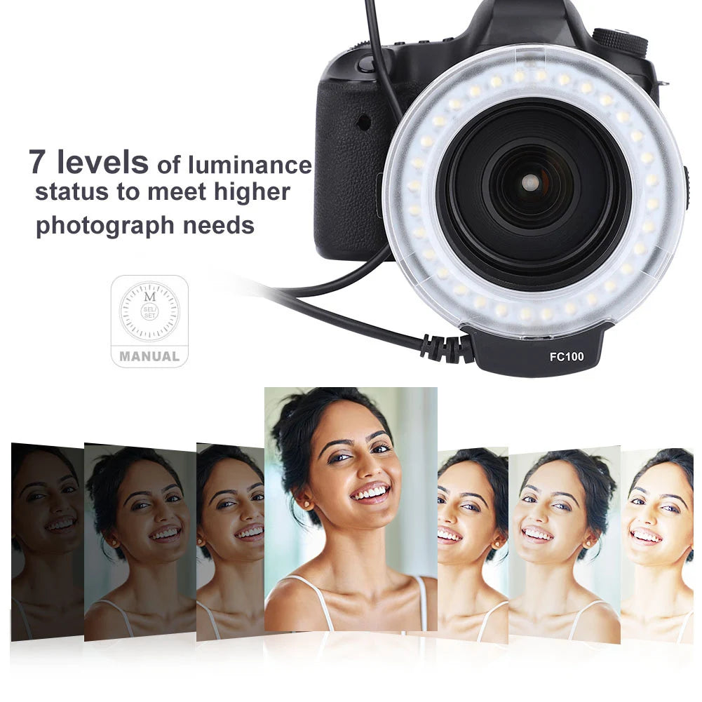FC100 macro ring flash attached to a camera lens, featuring a circular LED light for adjustable portrait illumination.