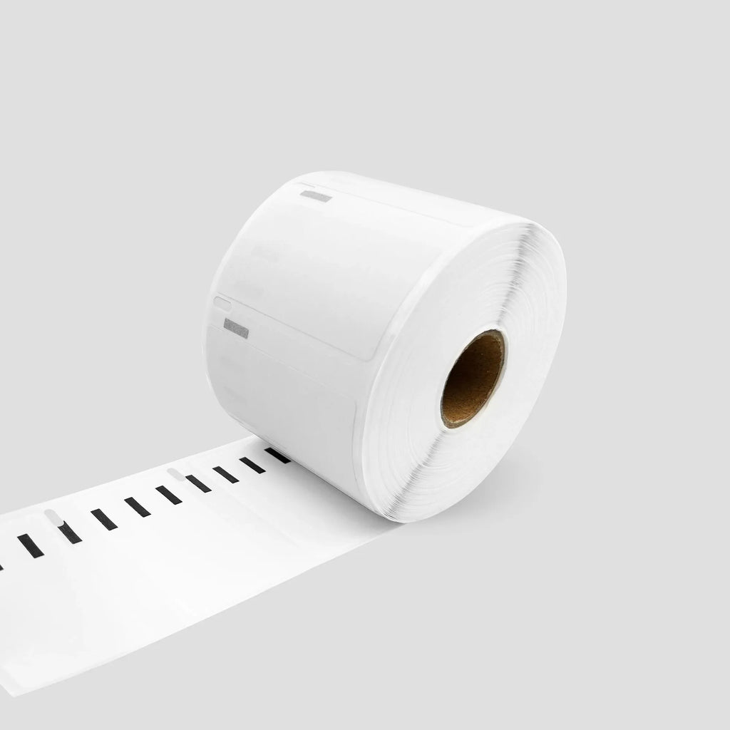 White barcode label roll dispensing blank labels with tear-off perforations.