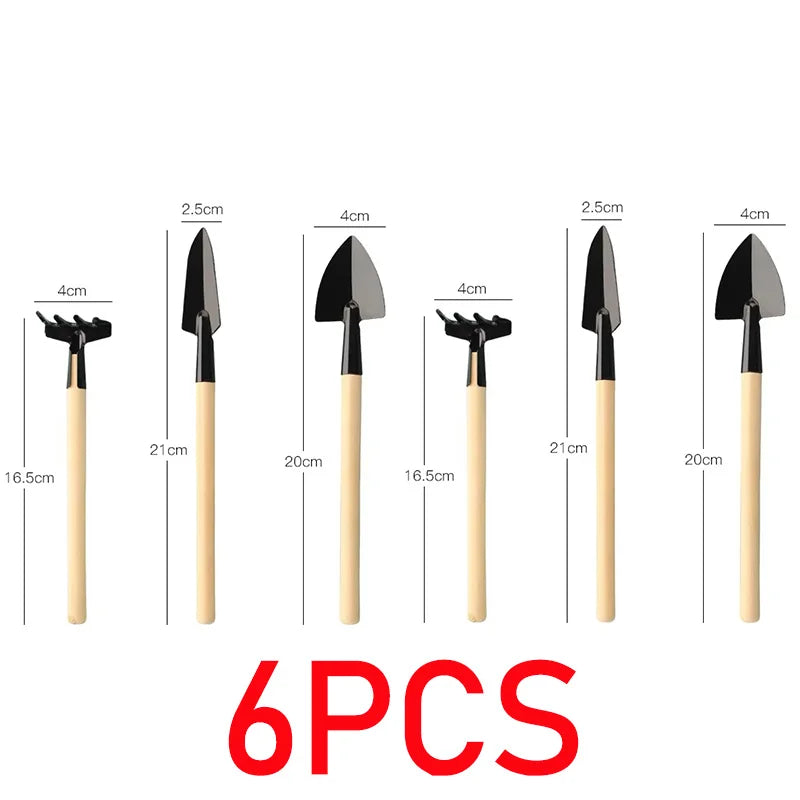 Mini garden tool set with black metal heads and light wood handles, 6-piece