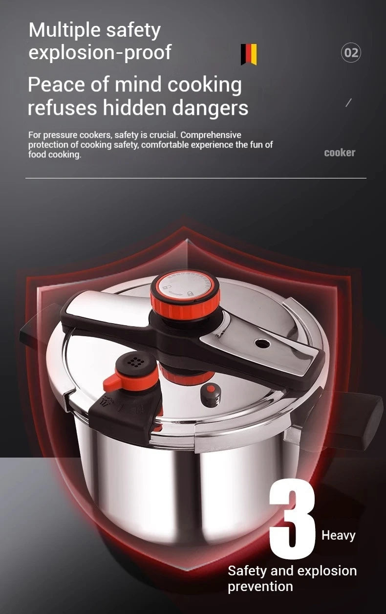 Pressure cooker with red valve and safety shield graphic for explosion-proof prevention