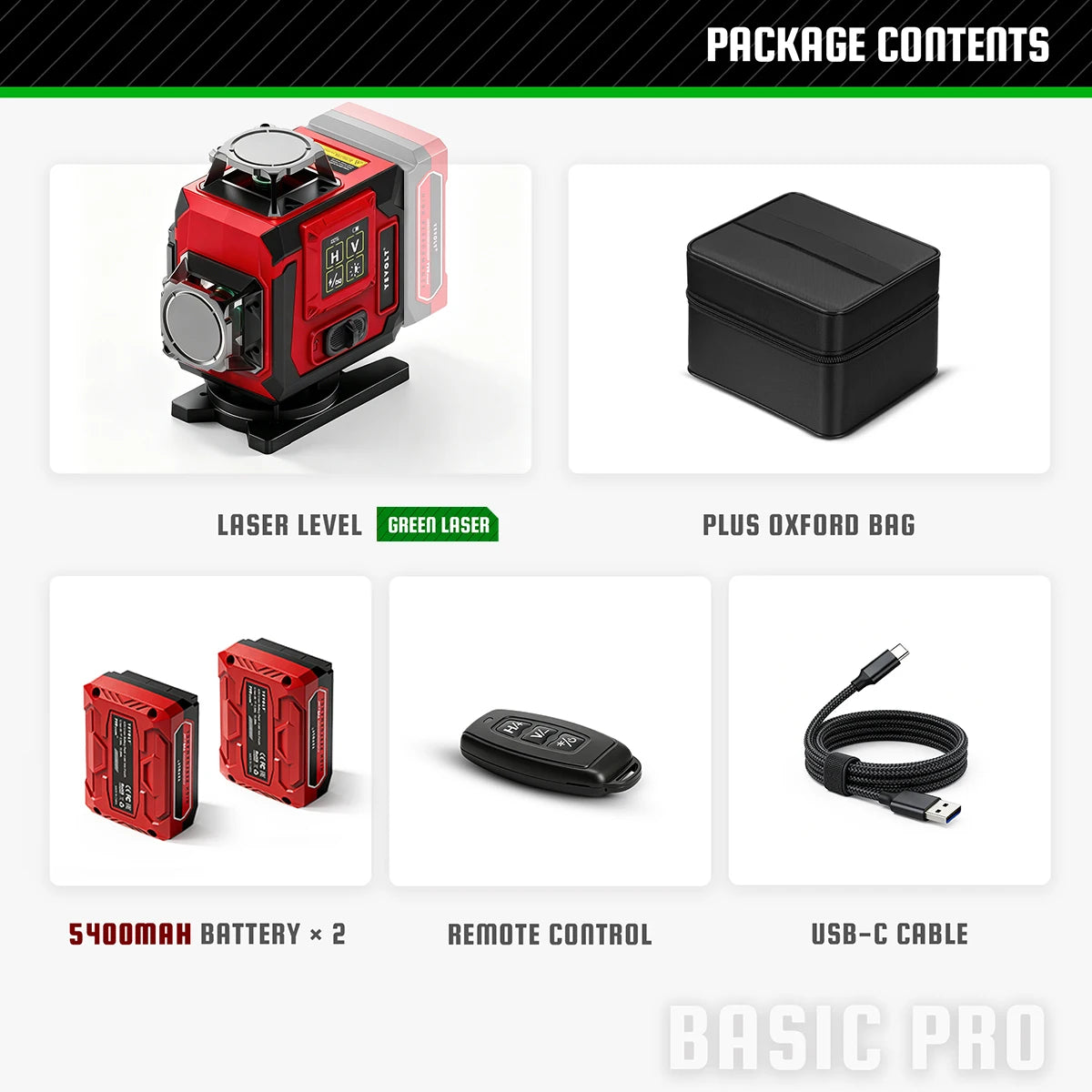 Green laser level kit contents: red laser level, Oxford bag, battery x2, remote control, USB-C cable