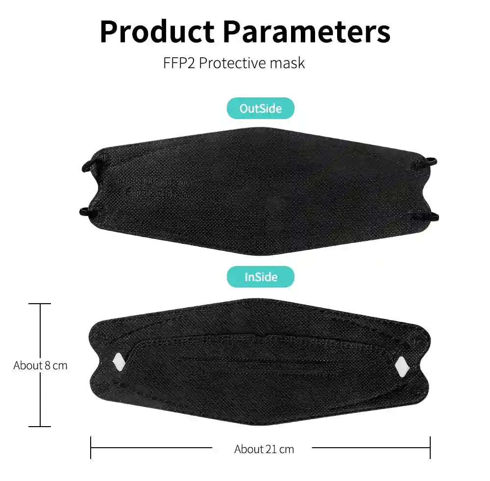Black 4-layer FFP2 KN95 face mask with 3D design, textured fabric finish, and ear loops. Measures 21cm x 8cm.