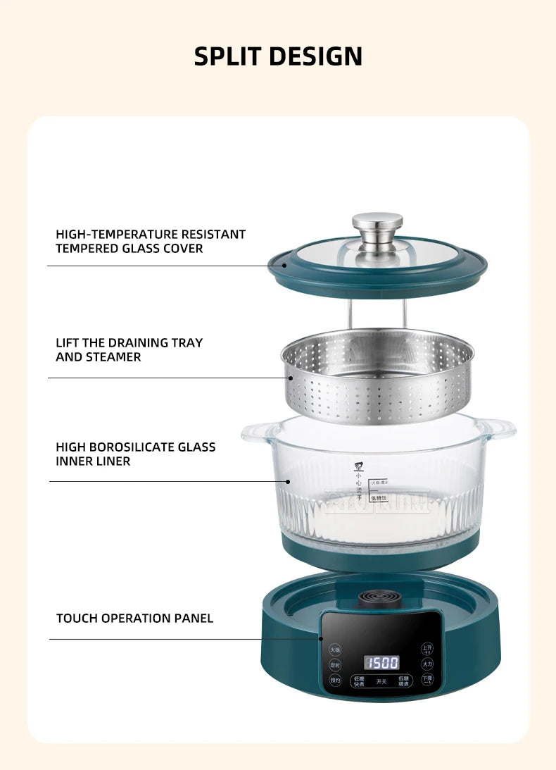 Split-design 3L electric hot pot steamer with glass cover, inner liner, and touch panel