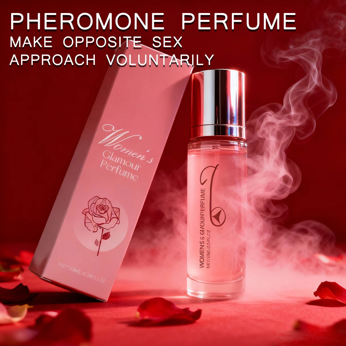 Women’s Glamour pheromone perfume in a 10ml pink glass bottle and matching box, set against a red rose petal background.