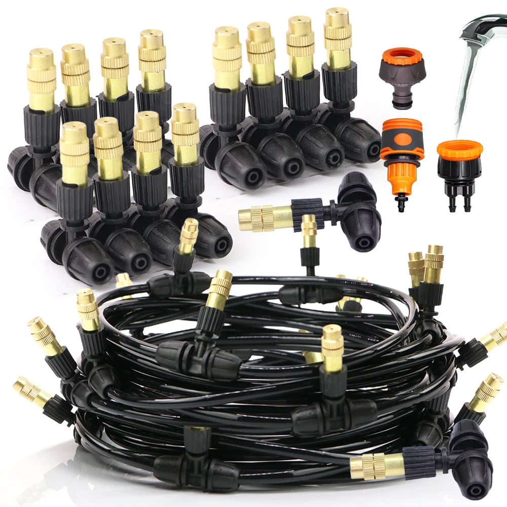 Brass 1/4-inch hose nozzle atomize spray kit with black misting lines and connectors