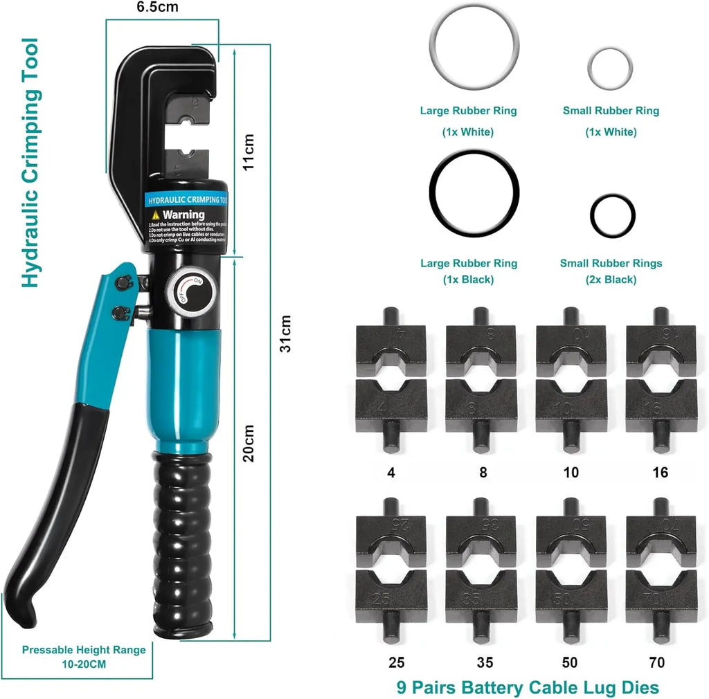 Professional 10-Ton Hydraulic Crimping Tool Kit with 9 Dies, for Battery Terminals & 16/10/8/6/4/25/35/50/70mm² Cable