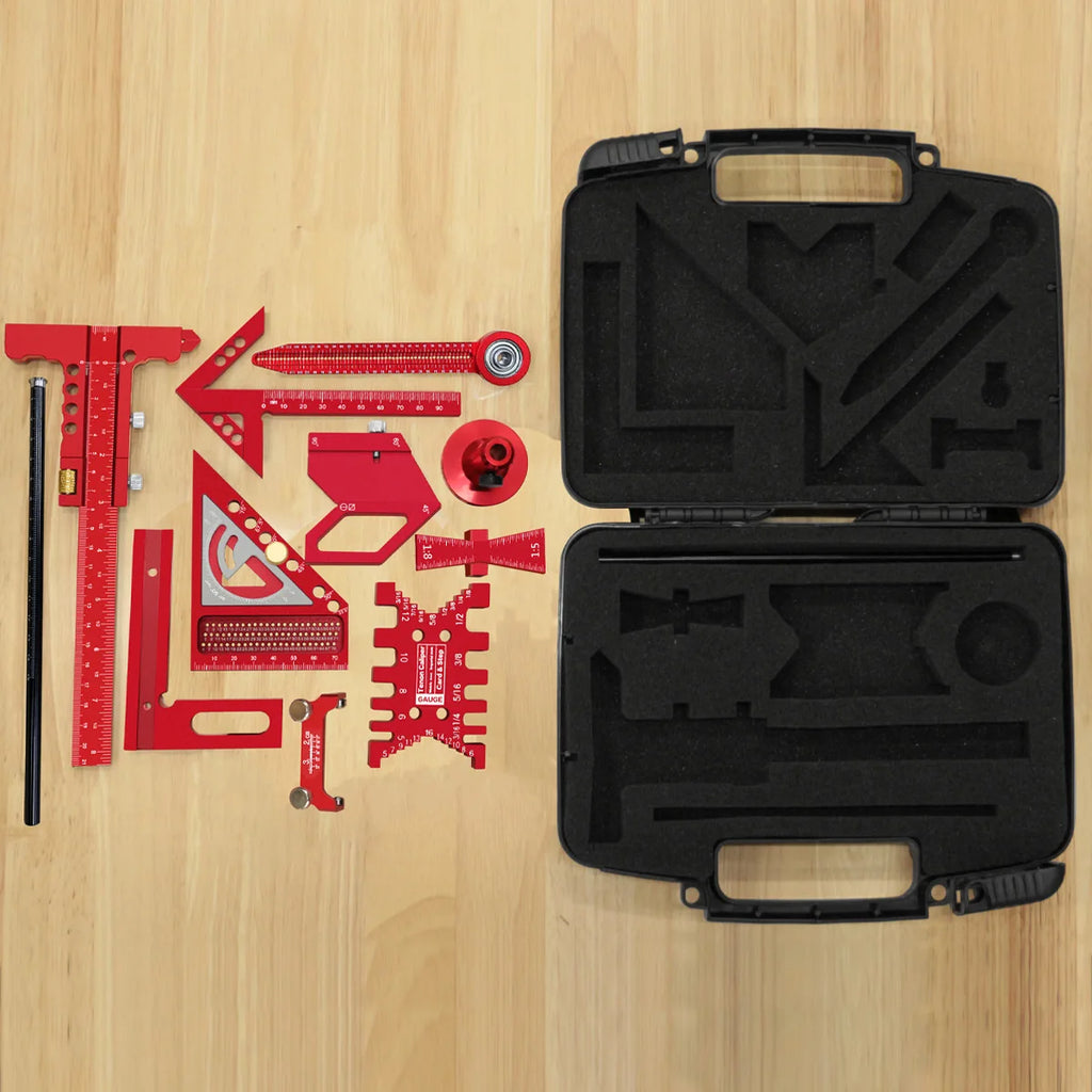 10pcs Woodworking Square Kit with Box, Aluminum Scribeing Ruler,Center Finder,Circular Drawing Compass,Honing Guide,Height Gauge