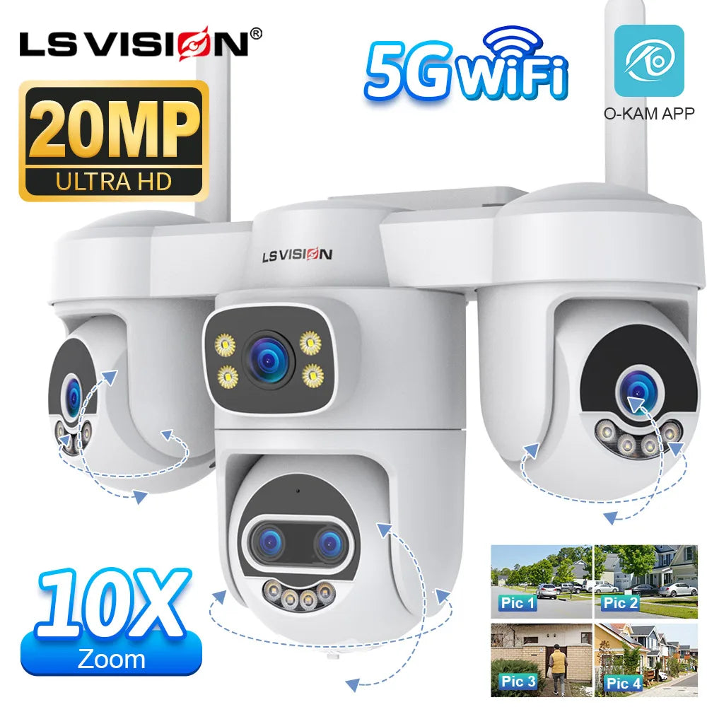 LS VISION 20MP 10X Zoom Three PTZ WiFi Security Camera Outdoor Four Screens 5-Lens Auto Tracking PC Client CCTV Cam Okam Pro App