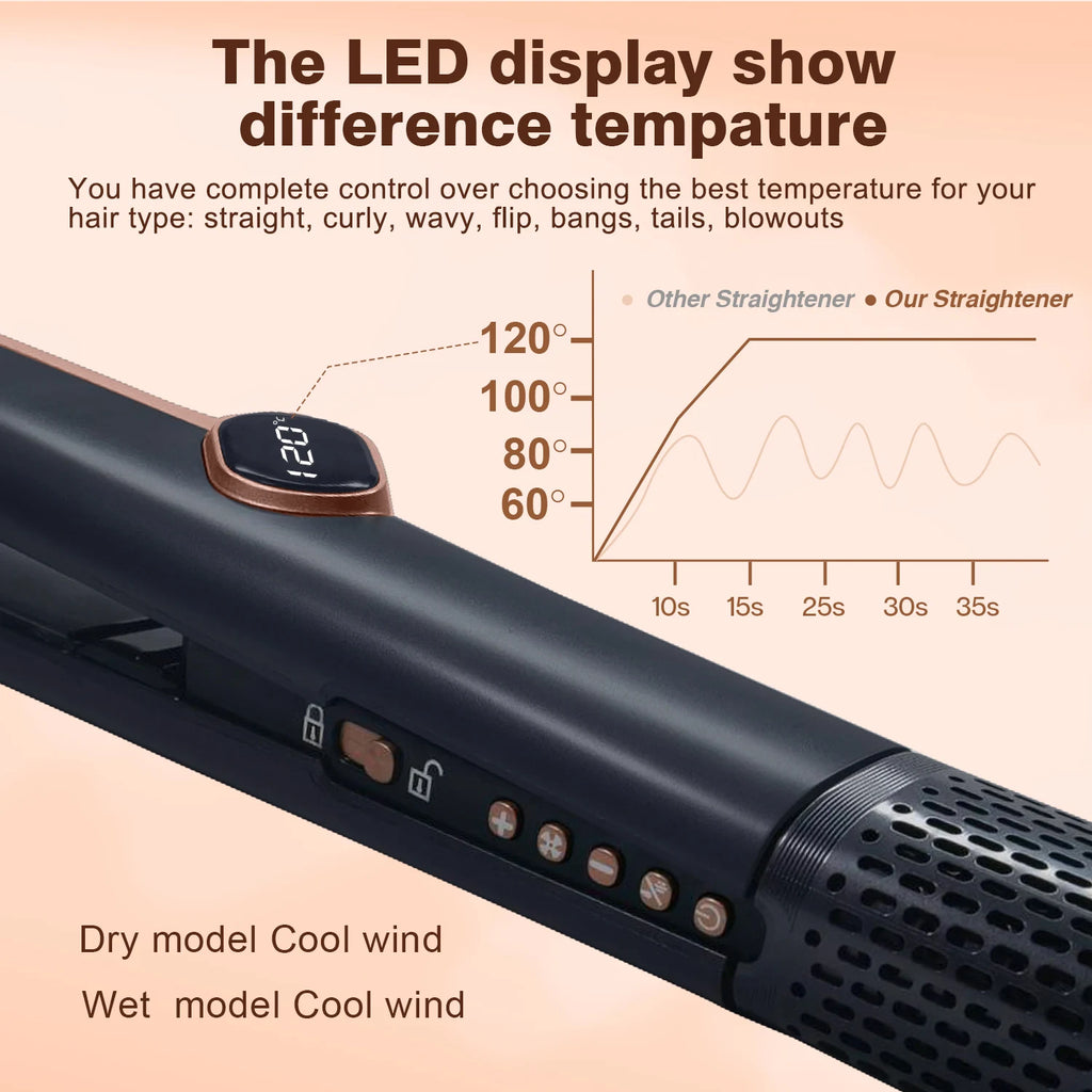 Black 2in1 hair dryer and straightener with LCD temp display, ion technology, and professional heat control buttons.