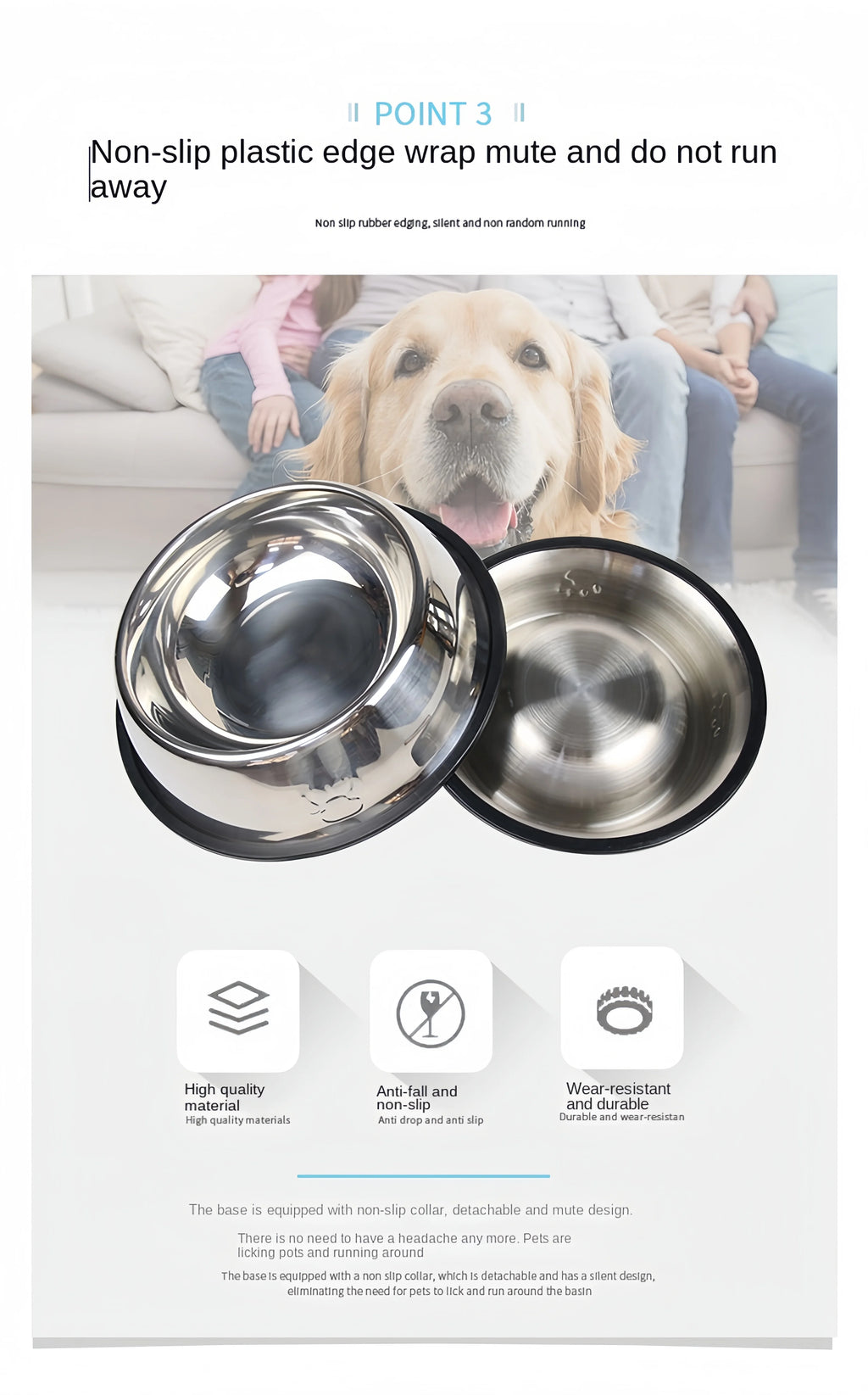 Durable stainless steel dog and cat feeding bowl with non-slip base for easy, quiet, and mess-free pet mealtime.