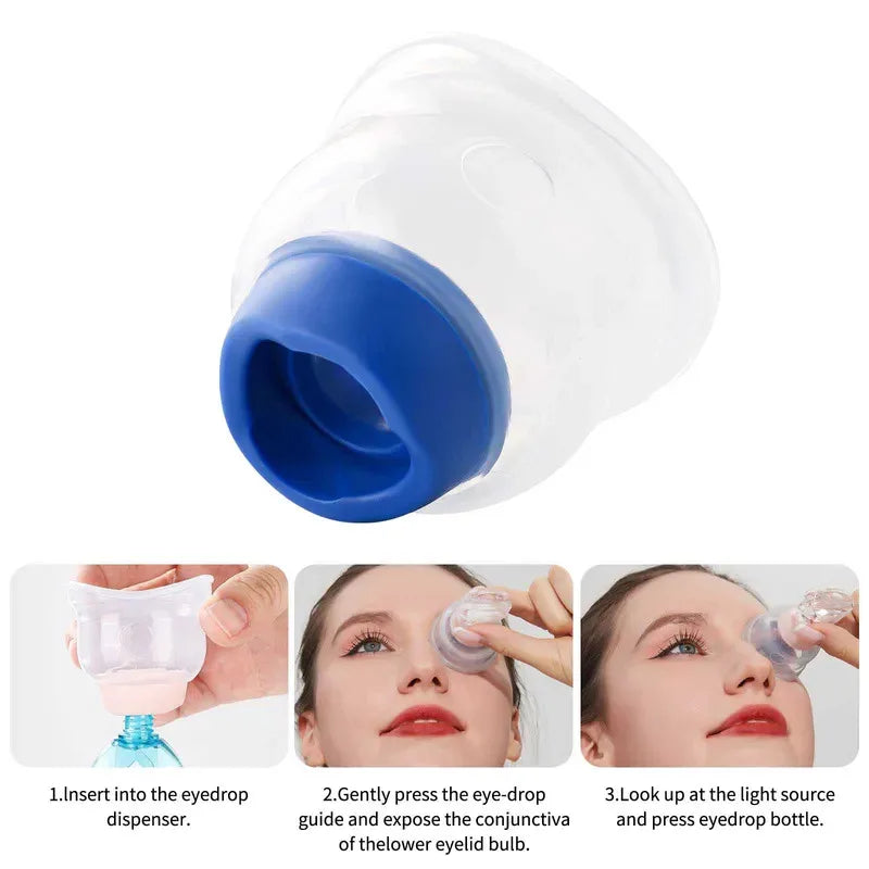 Reusable blue and clear eye drop guide tool for easy, precise application with most eye drop bottles.