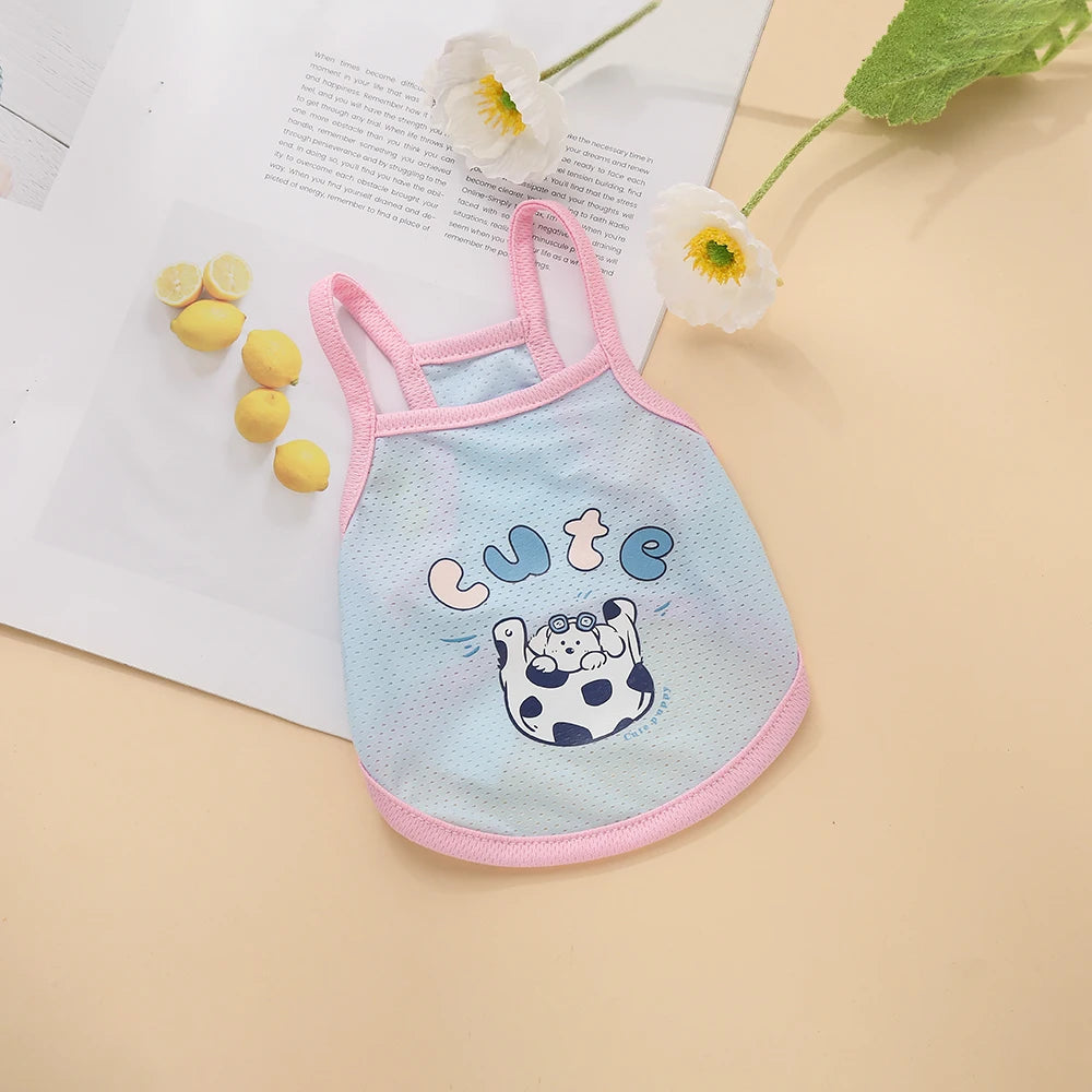Breathable ice silk pet suspender shirt for cats and dogs. Blue and pink summer cooling vest with cute puppy print.