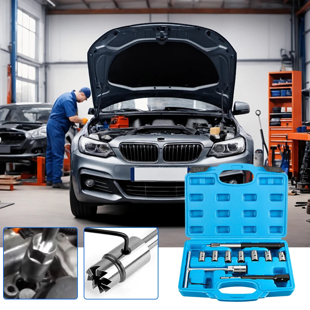 Podofo 11 PCS Diesel Injector Seat Cutter Tool Set Car Reamer Carbon Remover Clean Repair Tool Cutter Flat Reamer Repair Tools