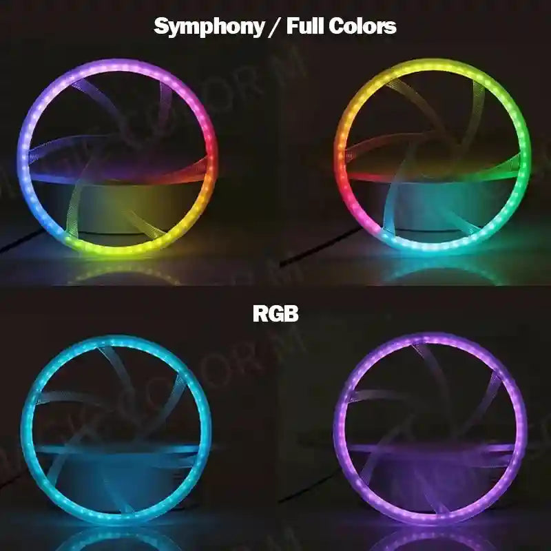 Circular RGB LED computer cooling fan with a translucent frame and customizable multicolor lighting effects.