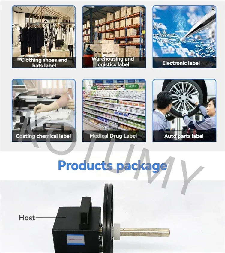 Label rewinder product packaging with multiple use-case icons and host machine illustration