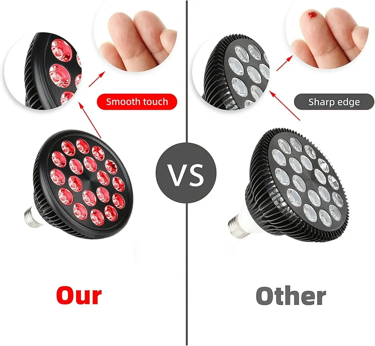 Comparison of smooth-edge 660nm 850nm red light therapy bulb vs sharp edge lamp for skin and muscle pain relief.