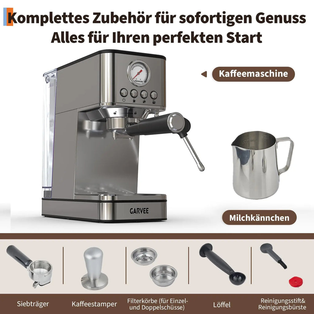 Garvee stainless steel espresso machine with milk frother, pressure gauge, portafilter, and barista accessories kit.