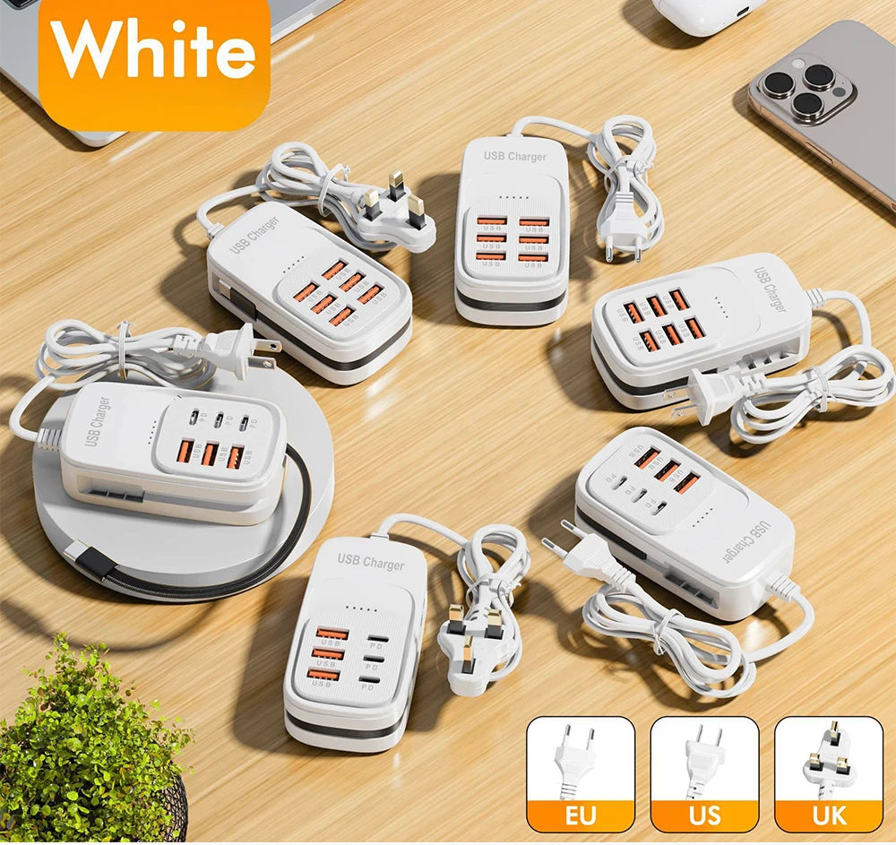 EU/US/UK 6-Ports USB Charging Extension Socket with Type-C Cable 3USB 3PD Power Strip Desktop Charging Station HUB Adapter 5V2A