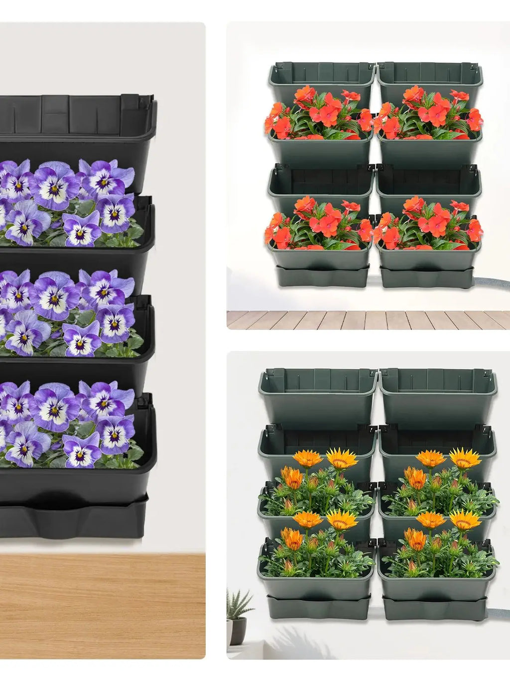 Wall-mounted vertical planter display with purple and orange flowers in green and black pockets