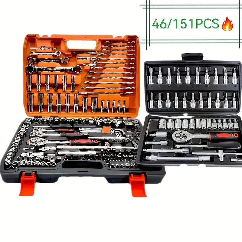 150/46pcs Socket Tool Set, Automotive & Motorcycle Repair Tool Kit - Durable Chrome Vanadium Steel, Includes Ratchet Wrenches