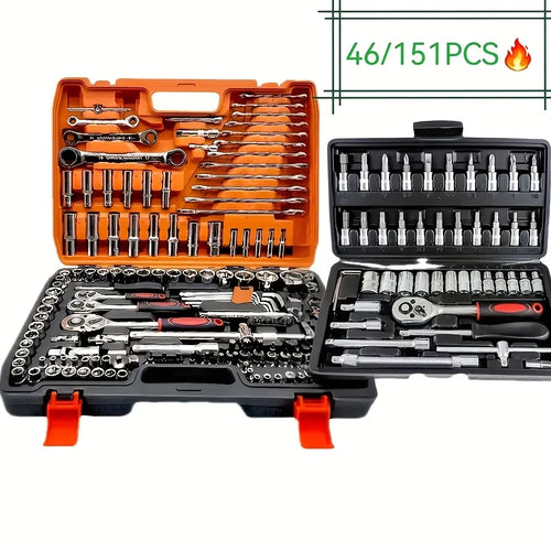 Socket tool set in orange-and-black case with assorted metal sockets and ratchet wrenches