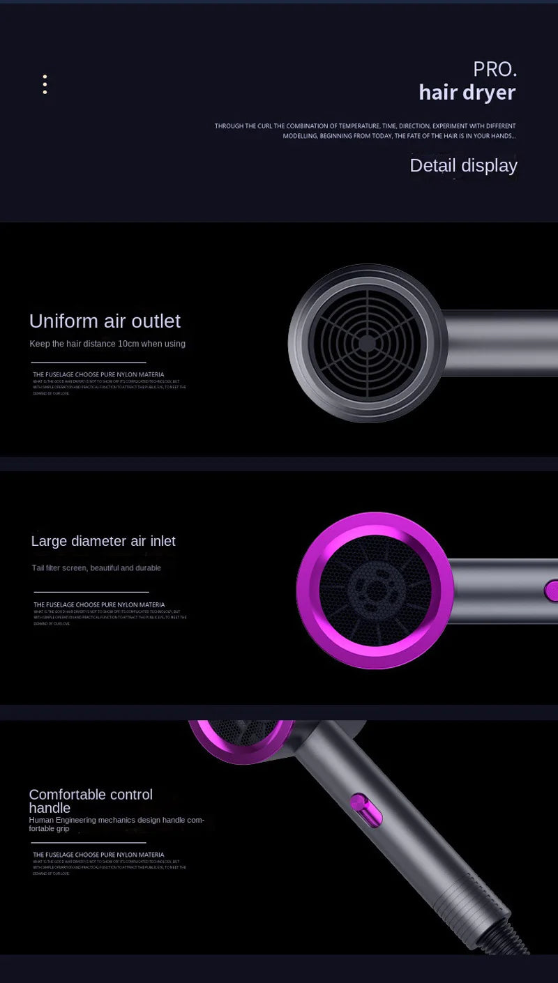 Grey high-power negative ion hair dryer with purple accents, uniform air outlet, and ergonomic handle for quick drying.