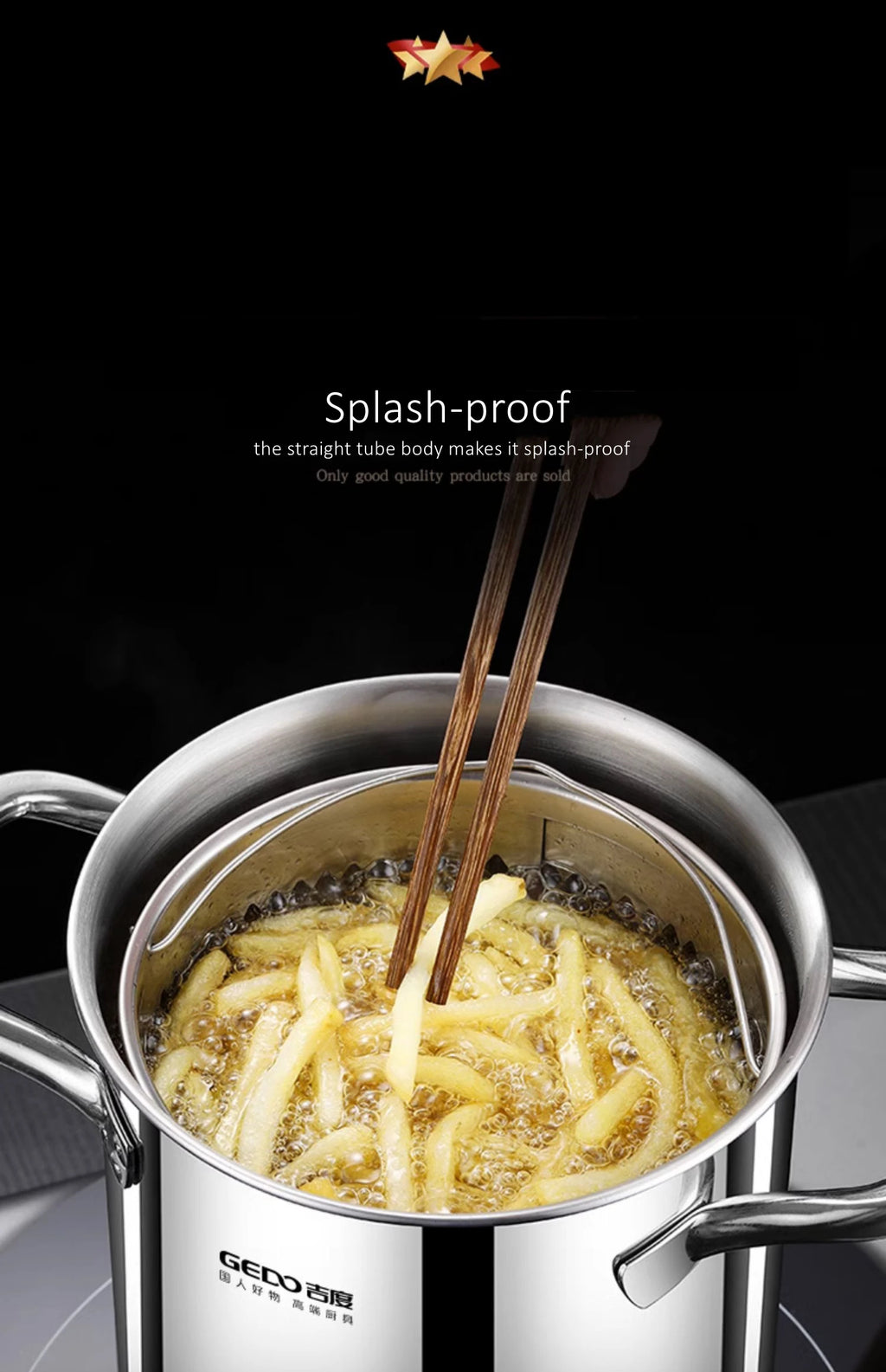 LFGB Certificated Pure 304 Stainless Steel Deep Fryer Oil Save Potato Chip Frying Pot Vegetable Noodle Stewing Pot with Strainer