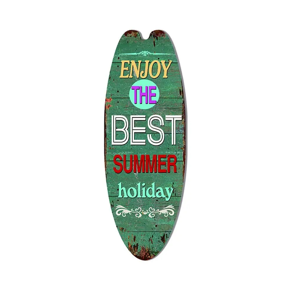 Wood surfboard hanging sign, green “Enjoy the Best Summer” with holiday text