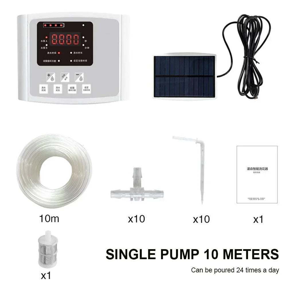 Solar Auto Drip Irrigation Kit Dual Water Pump Smart Watering Controller Outdoor Automatic Irrigation System for Yard Balcony Potted Plants & Home Flower Cultivation