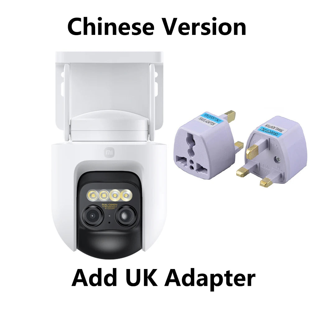White outdoor security camera with UK power adapter plug accessory