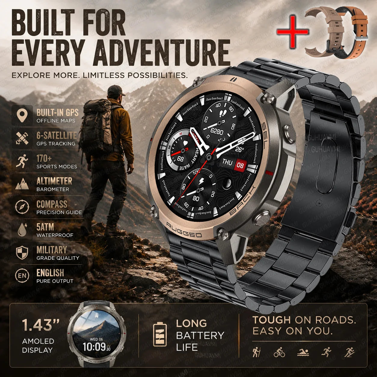 Black GPS smartwatch with analog-style display and metal accents, plus spare bands