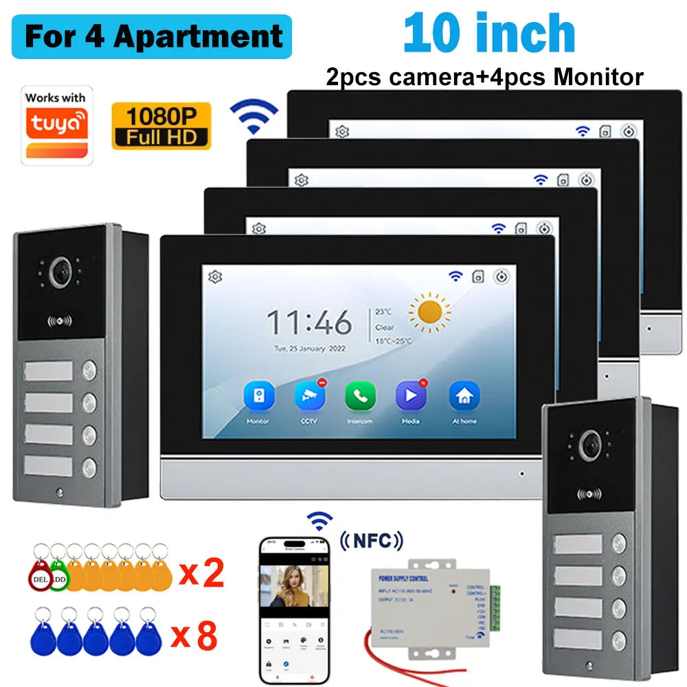 10 inch Touch Screen WiFi 1080P Intercom Doorbell 4 Wire Video Doorphone System RFID APP Unlock for 2/3/4 Unit Home Apartments