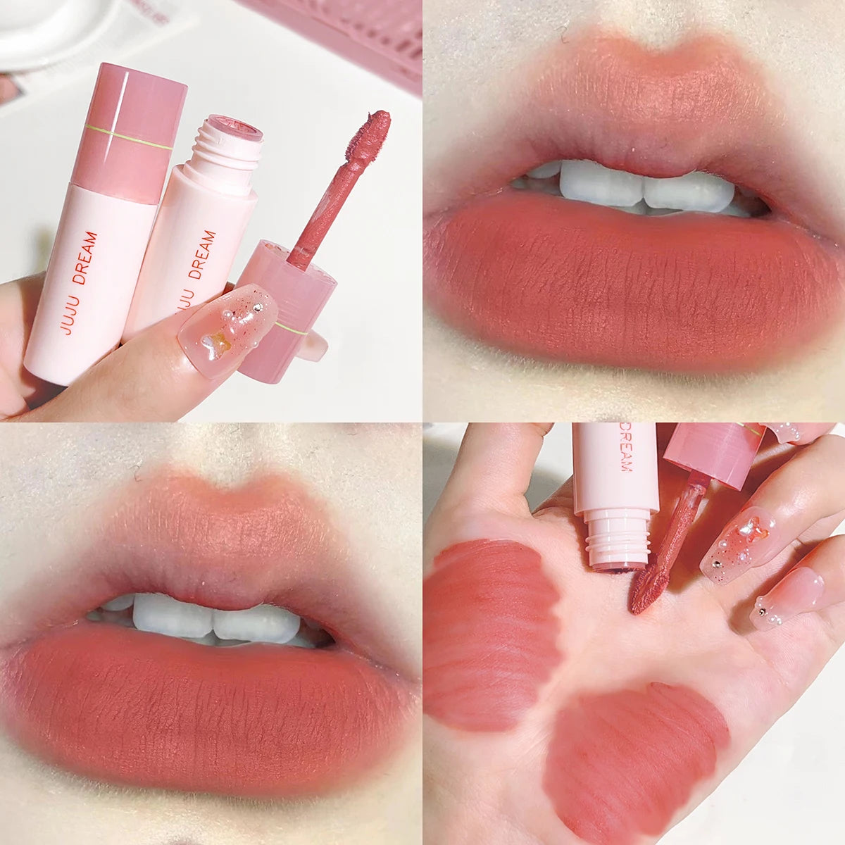 JUJU DREAM matte lip glaze with velvet finish on lips and skin swatches, long-lasting non-stick pink tube packaging.
