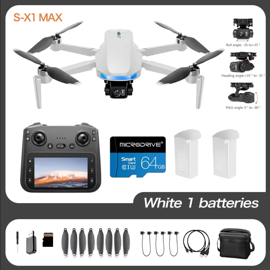 4K Camera Drone With 3-Axis Gimbal GPS - Foldable Aerial Quadcopter S-X2-WHITE-2B Tidesmit