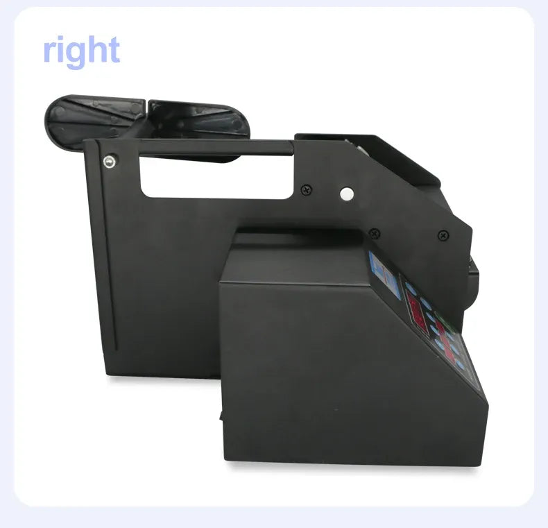 Automatic label dispenser machine, black side view with front dispensing slot
