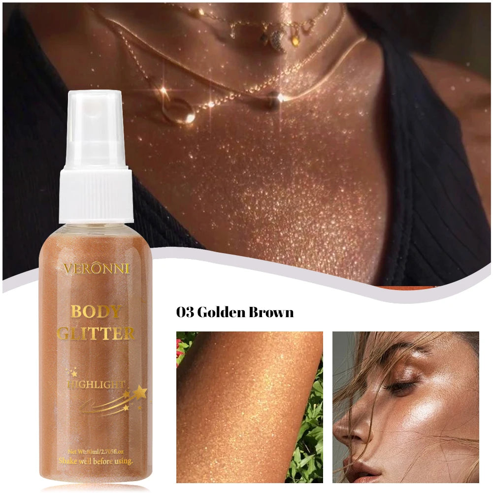 Tidesmit liquid body highlighting shimmer oil glitter spray for radiant glowing face and body makeup texture close-up